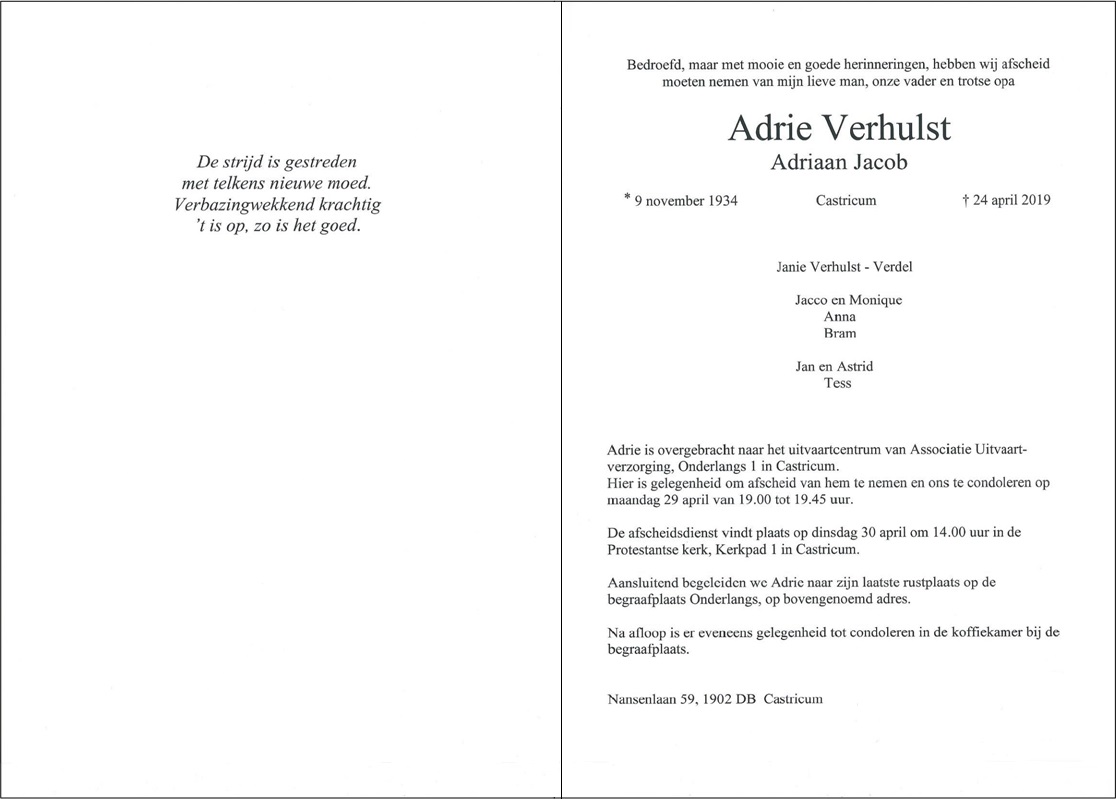 IN MEMORIAM ADRIE VERHULST FC Castricum